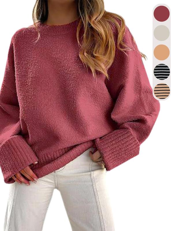 Women's Plain Drop Shoulder Long Sleeve Sweater, Casual Solid Color Round Neck Jumper for Fall & Winter, Women's Knitwear for Daily Wear