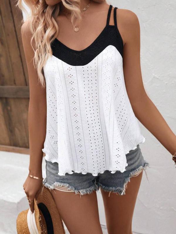 Women's Colorblock Eyelet Embroidery Cut Out Cami Top, Casual Spaghetti Strap Sleeveless Top for Summer, Ladies Clothes for Daily Wear