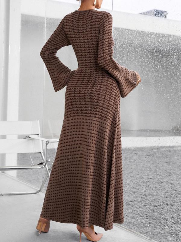 Women's Random Print Flounce Sleeve Sweater Dress, Casual V Neck Long Sleeve A Line Dress for Fall & Winter, Women's Clothing for Daily Wear