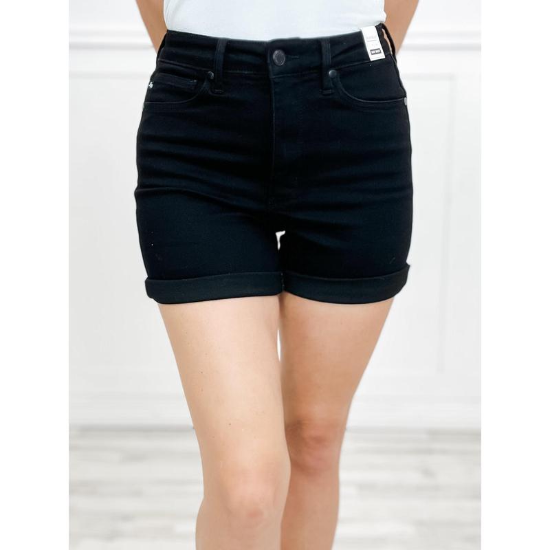 Judy Blue RIPLEY Hi-Rise Tummy Control Cuffed Black Denim Shorts