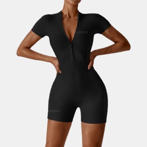 YEOREO Women Short Sleeve Workout Jumpsuit Zip Up Romper Bottom Shorts Bodysuit Bodycon Sexy One Piece Fabric Womenswear Collar Compression Tops Underwear Lady Comfort