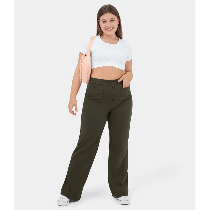 Halara High Waisted Button Multiple Pockets Straight Leg Casual Plus Size Pants