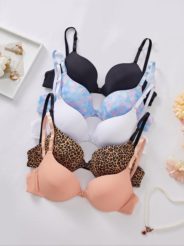 Women's Solid Color & Leopard Print Push Up Bra, Casual Comfortable Breathable Bra, Women's Lingerie for All Seasons