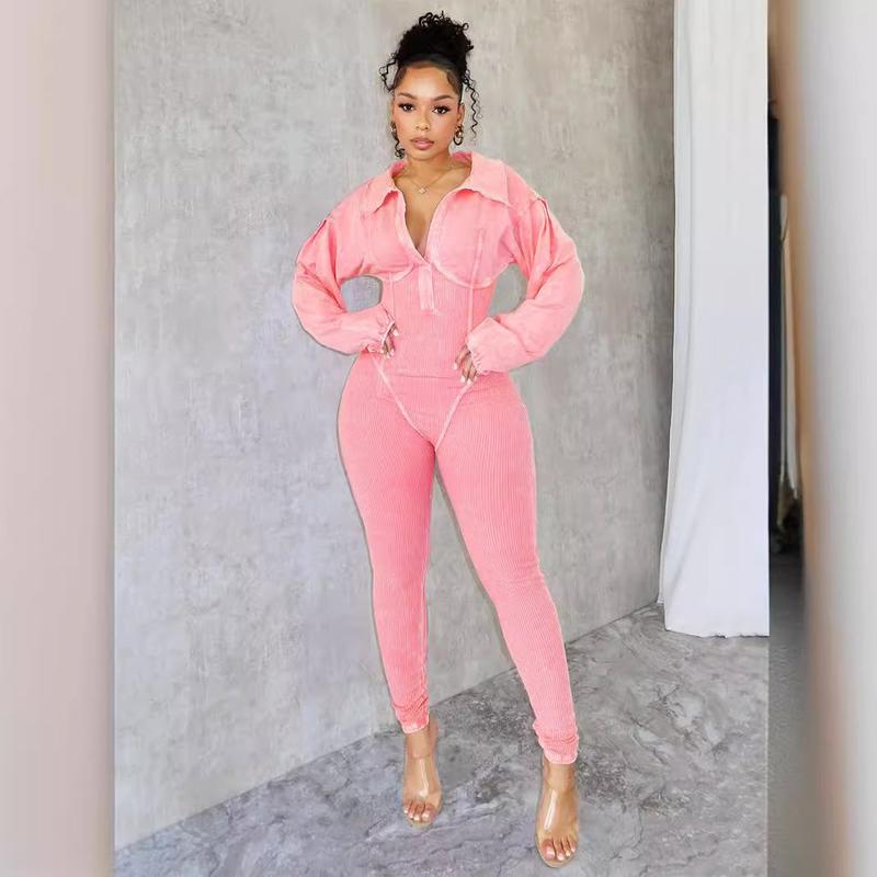 Women's Wear Versatile Washed Distressed Sexy Deep V Tight Long Sleeve Jumpsuit