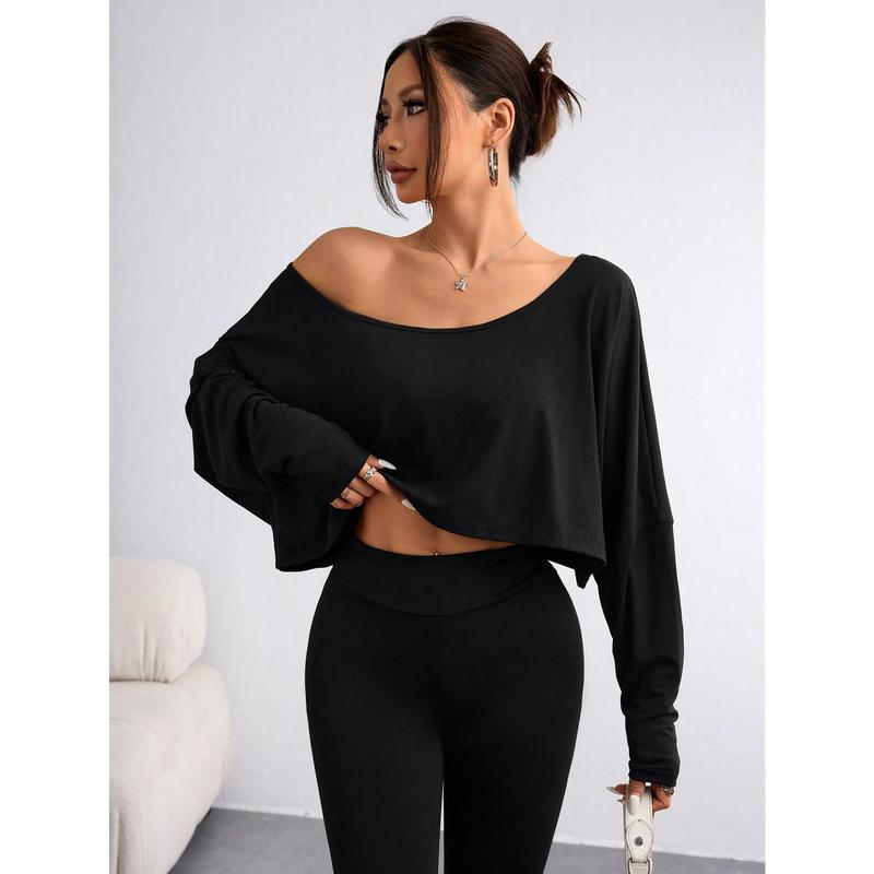 Women's Casual Solid Color Batwing Cropped T-Shirt, Spring Autumn Fabric Fit