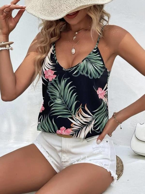 Women's Multicolor Plant Print Backless Cami Top, Summer Clothes Women, Casual Elegant Spaghetti Strap Top for Summer, Women's Clothing for Beach Holiday Vacation