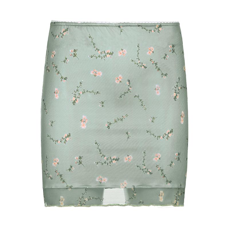 Women Girls Mesh Flower Print Mini Skirt High Waist Double Layer Skirts A-Line Ruffles Skinny Short Skirts Y2K Streetwear Light Green