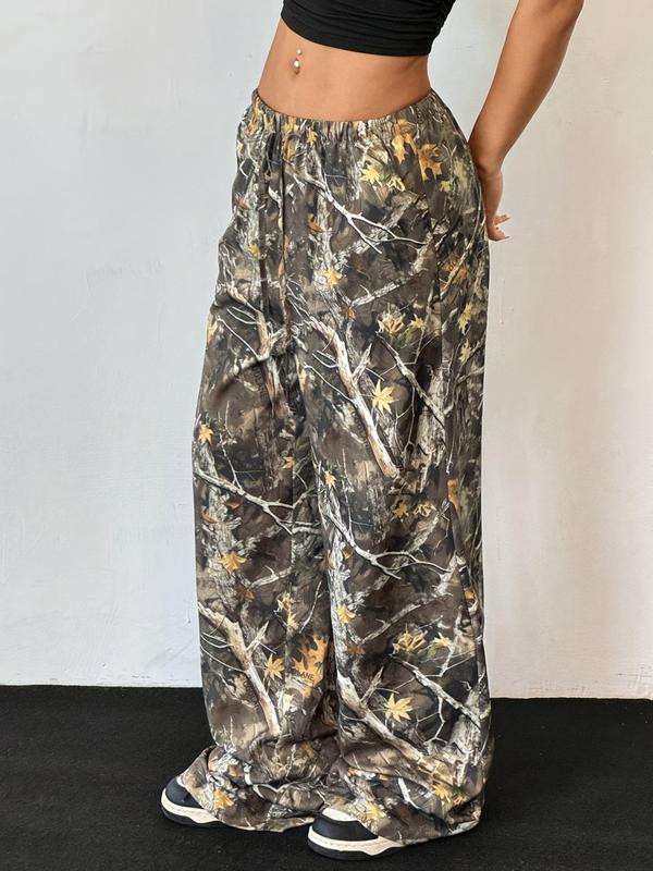 Women's Leaf & Branch Print Drawstring Waist Wide Leg Pants, Casual Elastic Waist Pocket Trousers for Fall & Winter, Women's Bottoms for Daily Wear