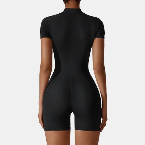 YEOREO Women Short Sleeve Workout Jumpsuit Zip Up Romper Bottom Shorts Bodysuit Bodycon Sexy One Piece Fabric Womenswear Collar Compression Tops Underwear Lady Comfort