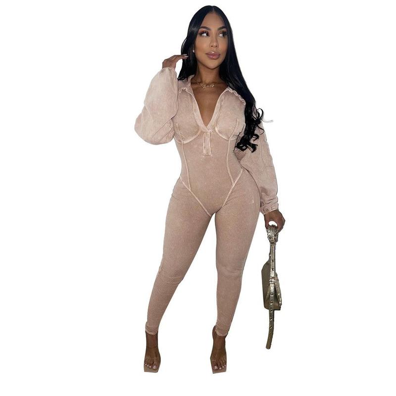 Women's Wear Versatile Washed Distressed Sexy Deep V Tight Long Sleeve Jumpsuit