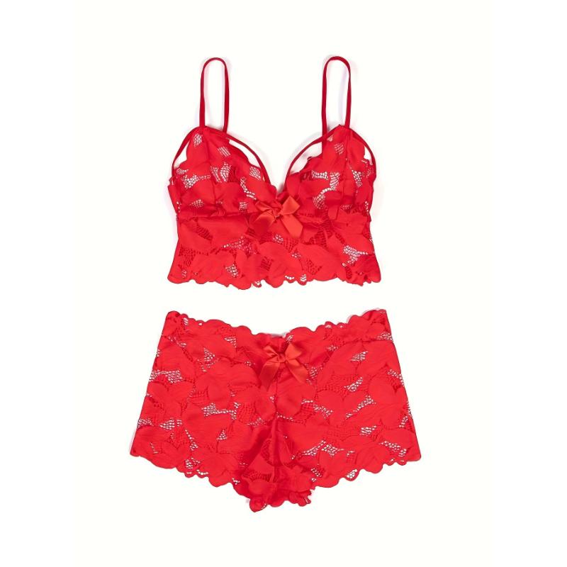 Women's Plus Sexy Lingerie Set, Plus Size Bow Decor Floral Applique Lace Bra & Panty Lingerie 2 Piece Set