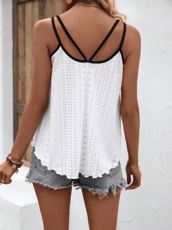 Women's Colorblock Eyelet Embroidery Cut Out Cami Top, Casual Spaghetti Strap Sleeveless Top for Summer, Ladies Clothes for Daily Wear