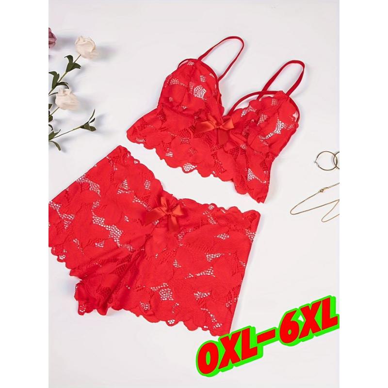 Women's Plus Sexy Lingerie Set, Plus Size Bow Decor Floral Applique Lace Bra & Panty Lingerie 2 Piece Set