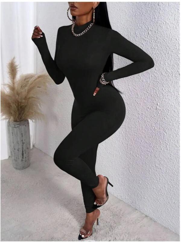 Women's Plain Mock Neck Skinny Jumpsuit, Casual Long Sleeve Bodycon Jumpsuit For Daily Wear, Ladies Fall & Winter Clothes