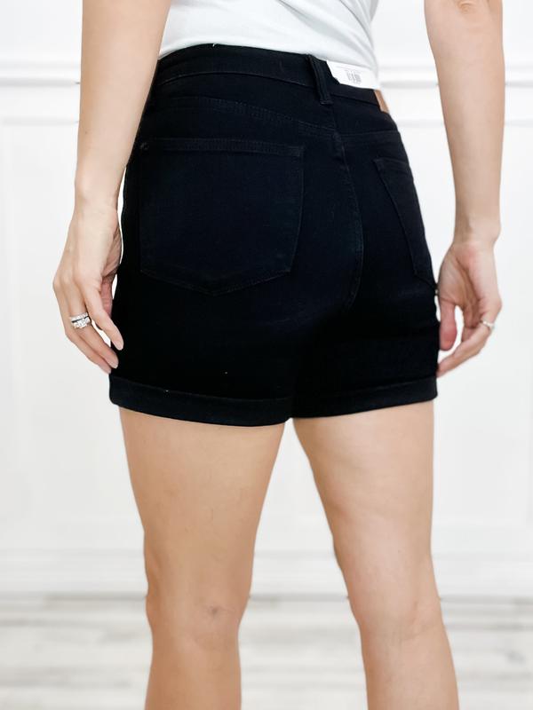 Judy Blue RIPLEY Hi-Rise Tummy Control Cuffed Black Denim Shorts