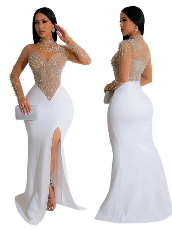 Women's Rhinestone Decor Contrast Mesh Split Thigh Bodycon Dress, Elegant Formal Wear, Elegant and Classy Formal Dresses, Long Sleeve Stand Collar Evening Party Gown, Ladies Clothes for All Seasons Fall Wedding Guest Dress