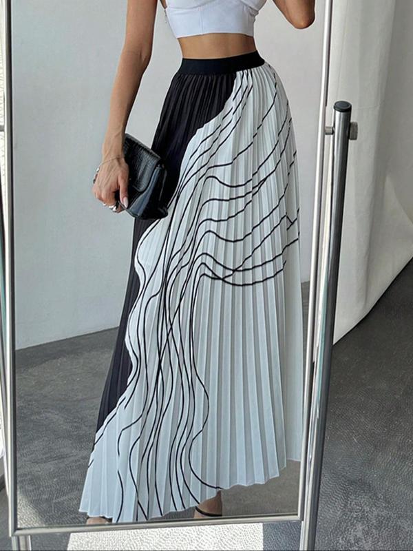 Women's Colorblock Print Pleated Skirt, Elegant High Waist A Line Skirt for Work Office Business, Ladies Clothes for All Seasons