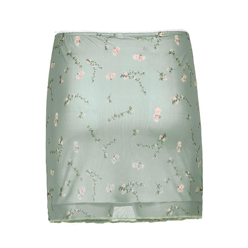 Women Girls Mesh Flower Print Mini Skirt High Waist Double Layer Skirts A-Line Ruffles Skinny Short Skirts Y2K Streetwear Light Green