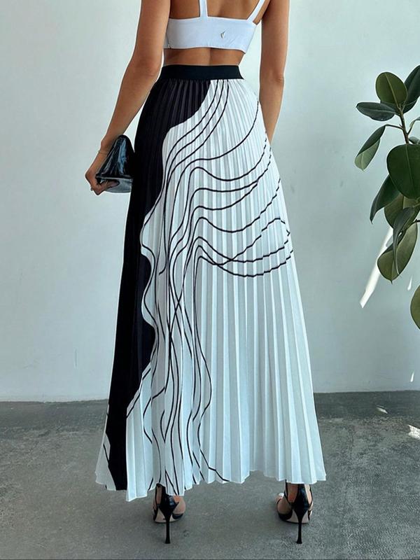 Women's Colorblock Print Pleated Skirt, Elegant High Waist A Line Skirt for Work Office Business, Ladies Clothes for All Seasons