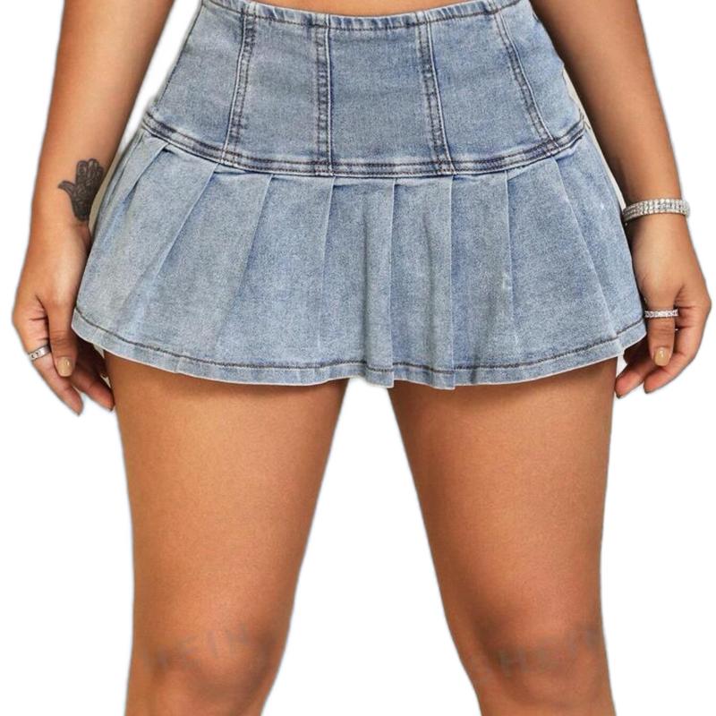 SXY Denim Skirt With Pleated Hem S-XXL