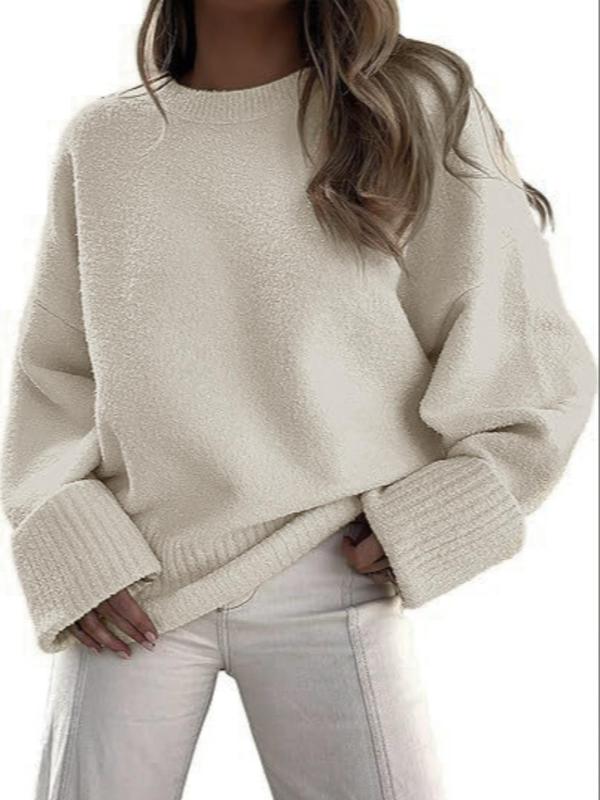 Women's Plain Drop Shoulder Long Sleeve Sweater, Casual Solid Color Round Neck Jumper for Fall & Winter, Women's Knitwear for Daily Wear