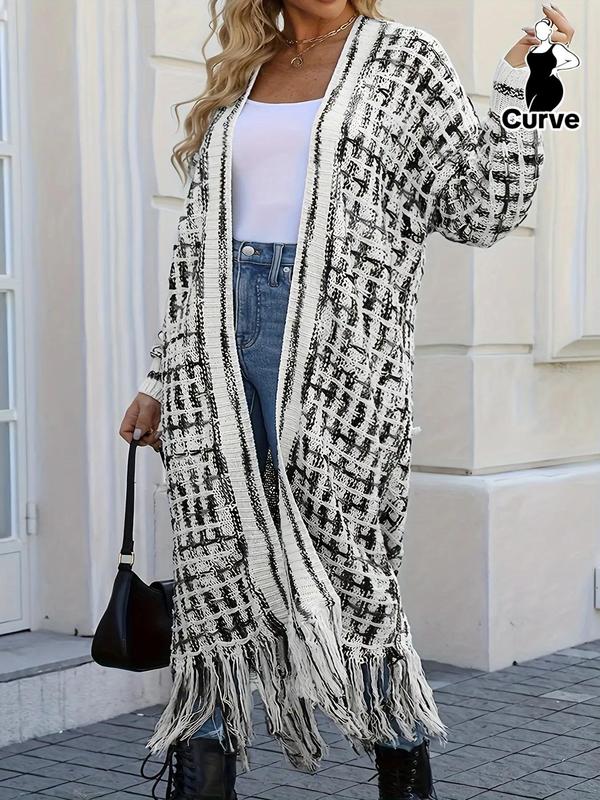  Plaid Print Fringe Trim Drop Shoulder Cardigan, Casual Long Sleeve Open Front Knitwear for Fall & Winter, Women's Plus Clothing for Daily Wear, Cardigan for Women, Winter Clothes Women