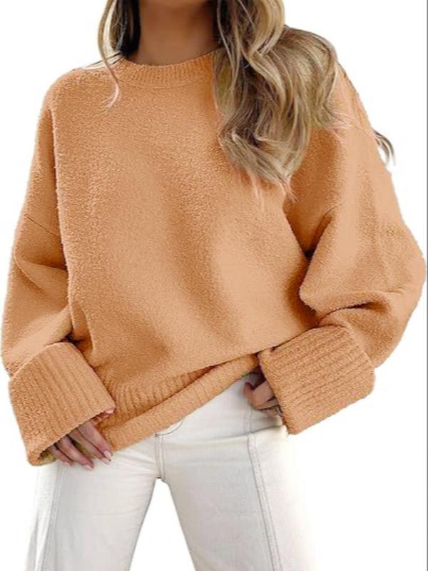 Women's Plain Drop Shoulder Long Sleeve Sweater, Casual Solid Color Round Neck Jumper for Fall & Winter, Women's Knitwear for Daily Wear