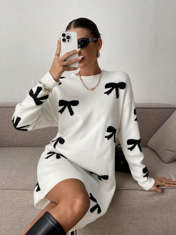 Women's Colorblock Bow Print Drop Shoulder Sweater Dress, Casual Long Sleeve Round Neck Knit Dress for Fall & Winter, Women's Knitwear for Daily Wear