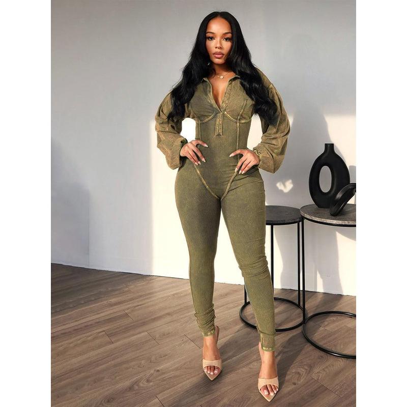 Women's Wear Versatile Washed Distressed Sexy Deep V Tight Long Sleeve Jumpsuit