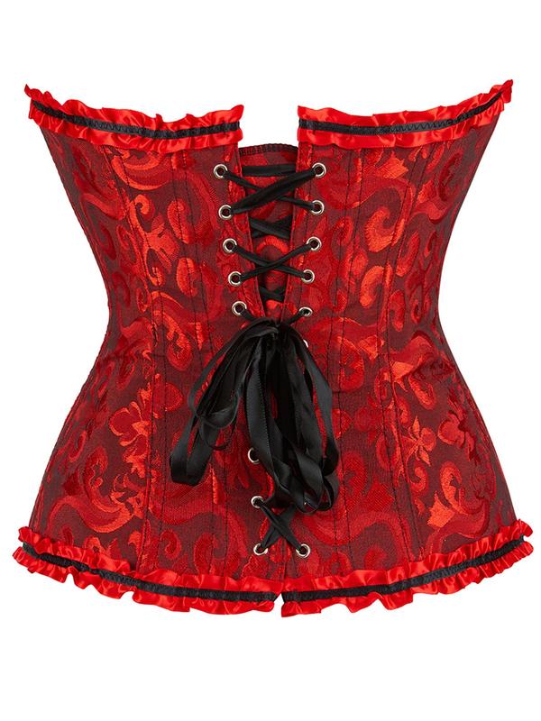 Women's Jacquard Frill Trim Lace Up Grommet Eyelet Coreset Shapewear Top, Y2k Elegant Fashion Tie Front Tummy Shaping Overbust Corset Top, Shapewear Tummy Control Fajas Para Mujer, Ladies Shapewear for All Seasons