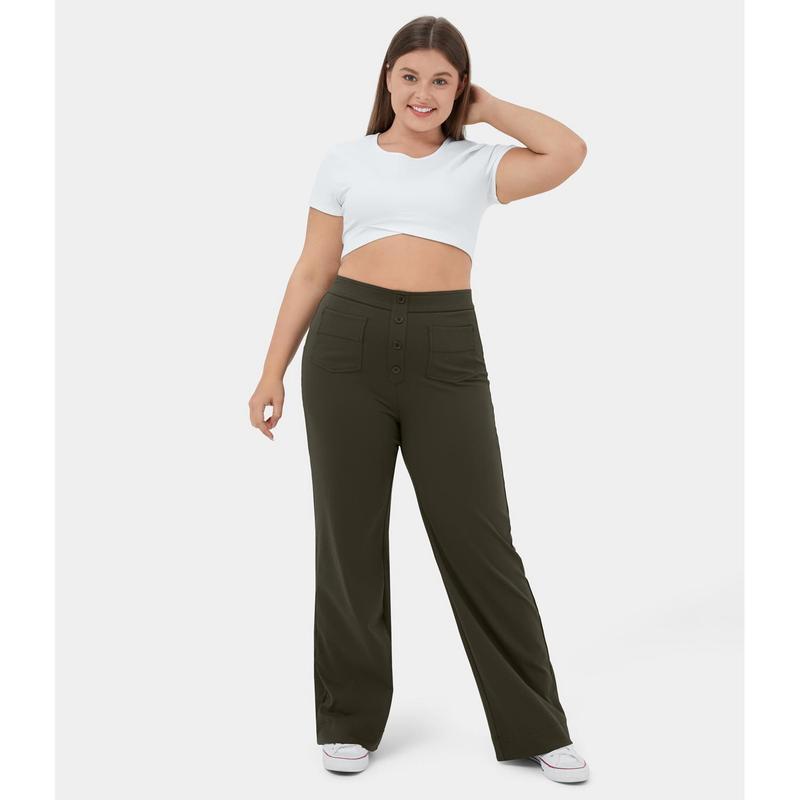 Halara High Waisted Button Multiple Pockets Straight Leg Casual Plus Size Pants