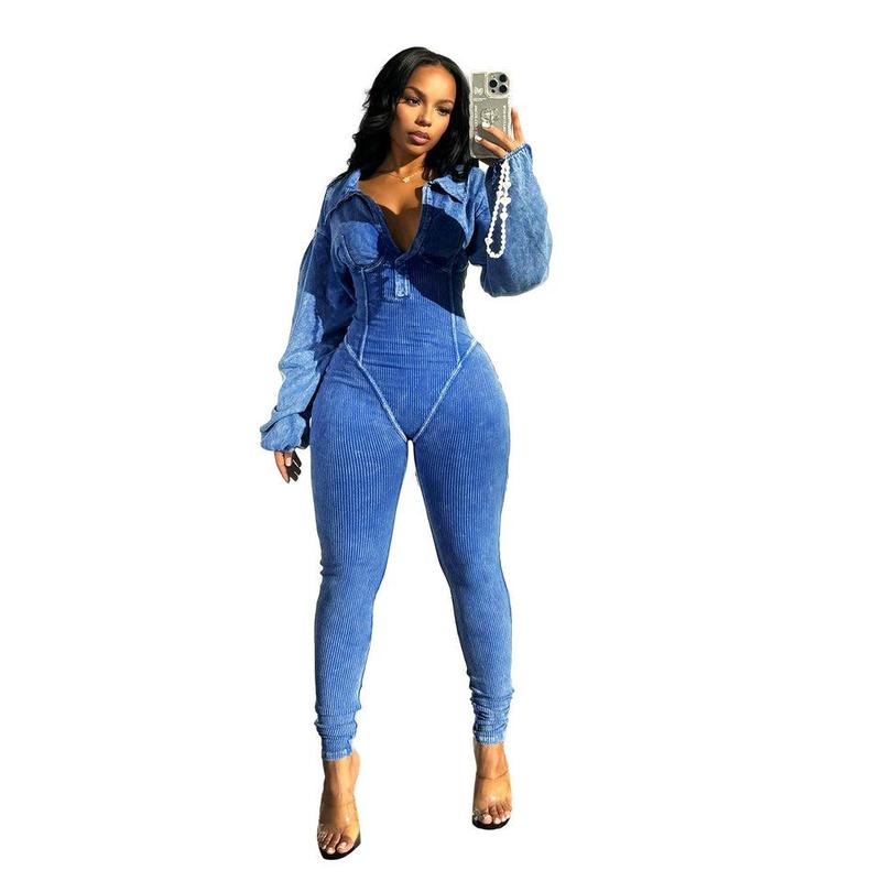 Women's Wear Versatile Washed Distressed Sexy Deep V Tight Long Sleeve Jumpsuit