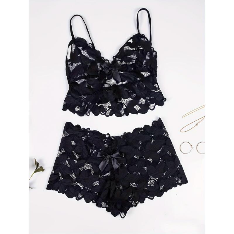 Women's Plus Sexy Lingerie Set, Plus Size Bow Decor Floral Applique Lace Bra & Panty Lingerie 2 Piece Set