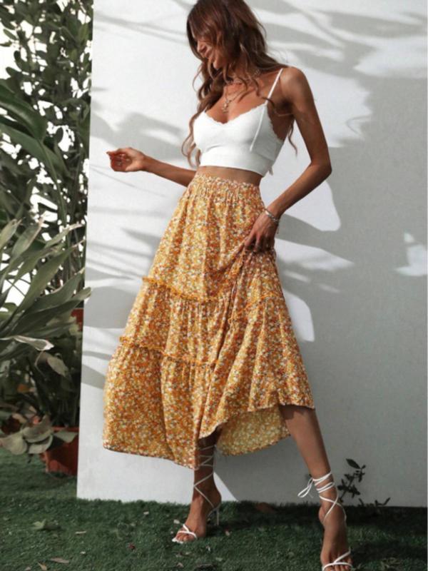 Women's Ditsy Floral Print Frill Trim Shirred Waist Skirt, Boho Fashion Casual  Tiered Layer Long Skirt for Daily Holiday Vacation Wear, Ladies Bottoms for Summer