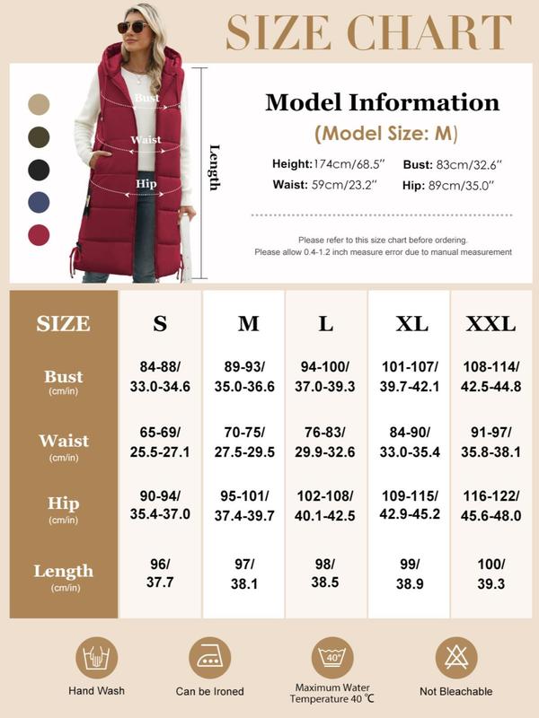 Women's Solid Drawstring Pocket Zip Up Hooded Puffer Vest Coat, Casual Thermal Longline Outerwear for Fall & Winter, Women's Clothes for Daily Wear