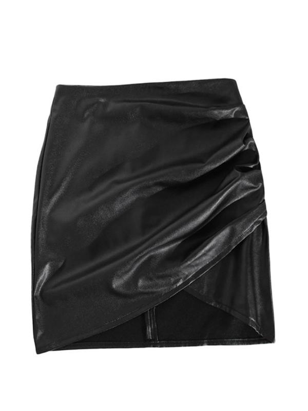 Women's Solid Asymmetrical Wrap High Waist PU Leather Skirt, Elegant Fashion Ruched Short Bodycon Skirt For Daily Wear, Ladies Spring & Fall Bottoms