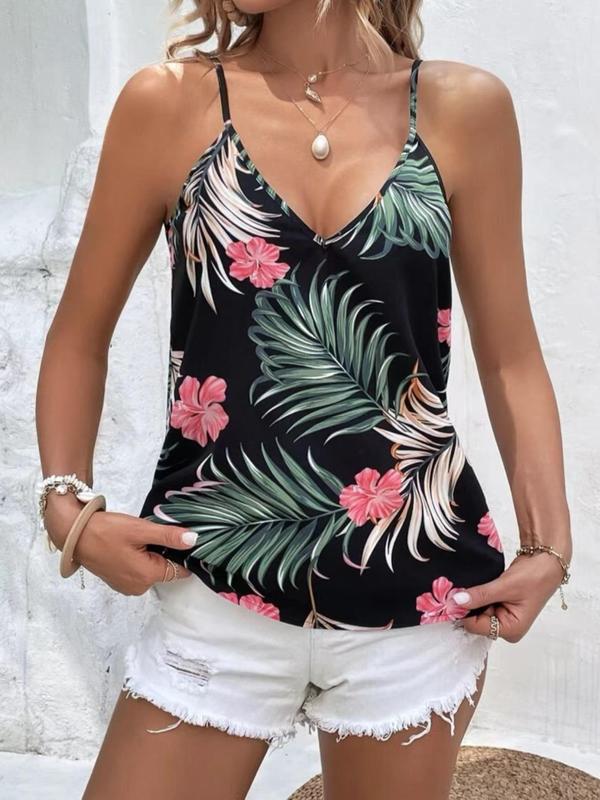 Women's Multicolor Plant Print Backless Cami Top, Summer Clothes Women, Casual Elegant Spaghetti Strap Top for Summer, Women's Clothing for Beach Holiday Vacation