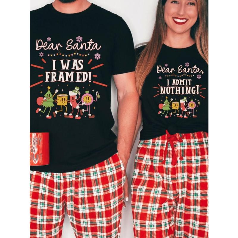 funny couple shirts funny couple shirts   Happy Night, Comfortable Cotton Christmas Couple Pajamas Suit-Santa Claus Pattern T-shirt with Plaid Pants, round Neck, Short Sleeve-Four Seasons Leisure Perfect Choice for Wearing