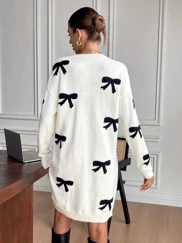 Women's Colorblock Bow Print Drop Shoulder Sweater Dress, Casual Long Sleeve Round Neck Knit Dress for Fall & Winter, Women's Knitwear for Daily Wear