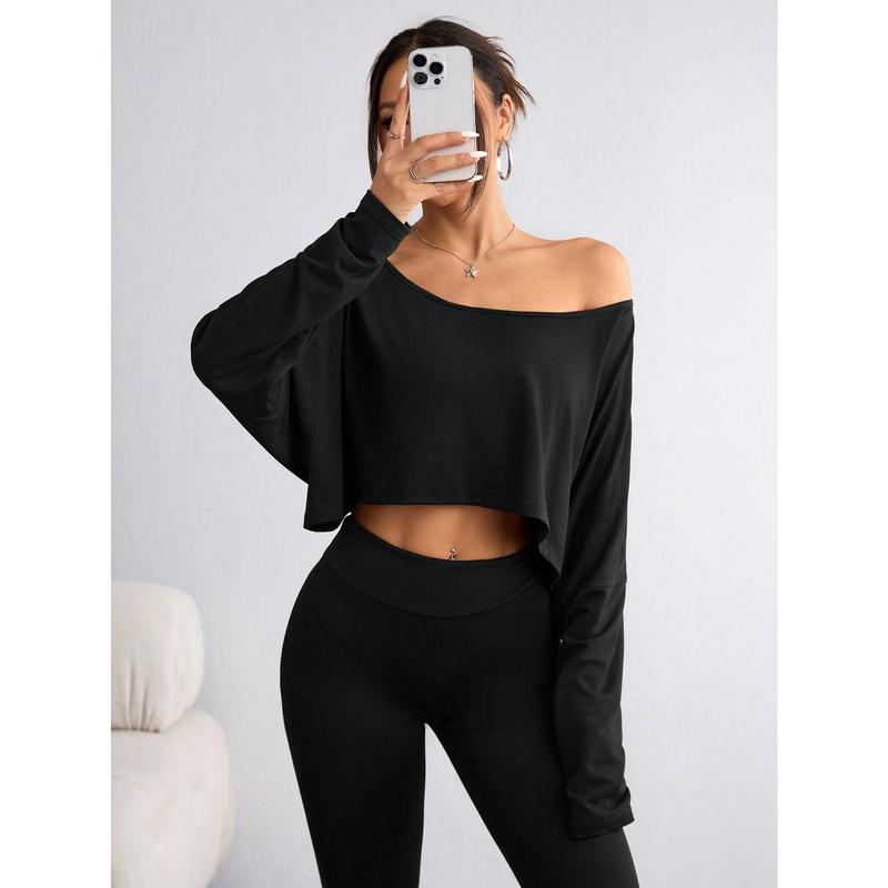 Women's Casual Solid Color Batwing Cropped T-Shirt, Spring Autumn Fabric Fit