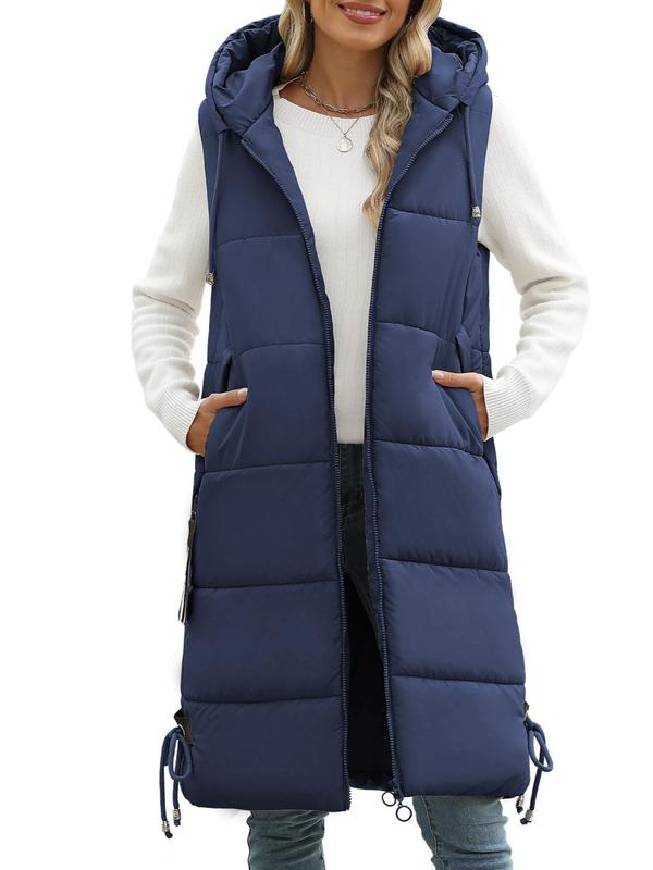 Women's Solid Drawstring Pocket Zip Up Hooded Puffer Vest Coat, Casual Thermal Longline Outerwear for Fall & Winter, Women's Clothes for Daily Wear