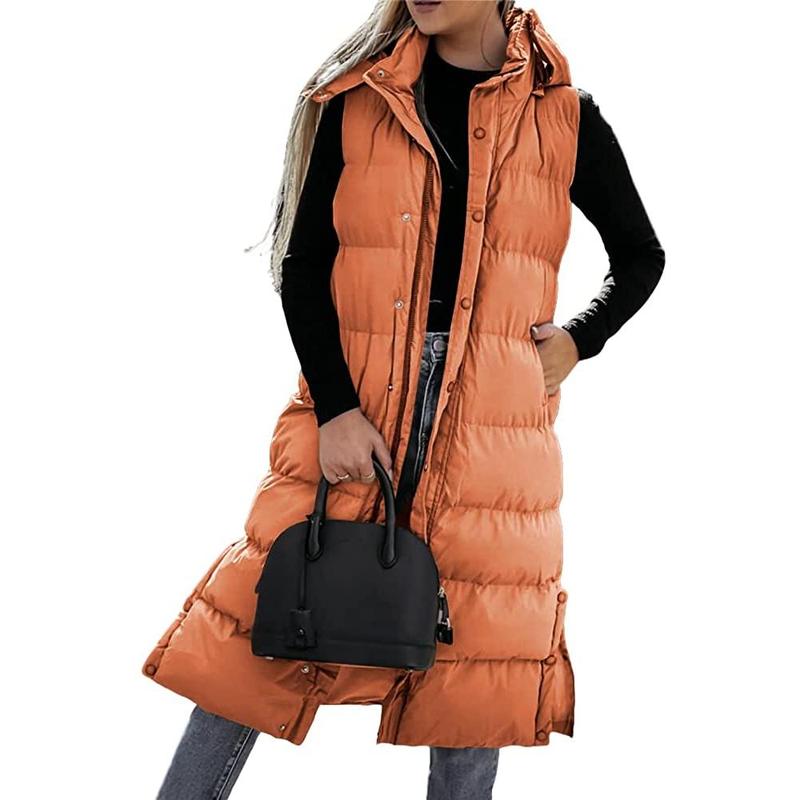 Danedvi Women's long Quilted Vest hooded Sleeveless Button Down puff vest cotton padded jacket winter coat, White, X-Large