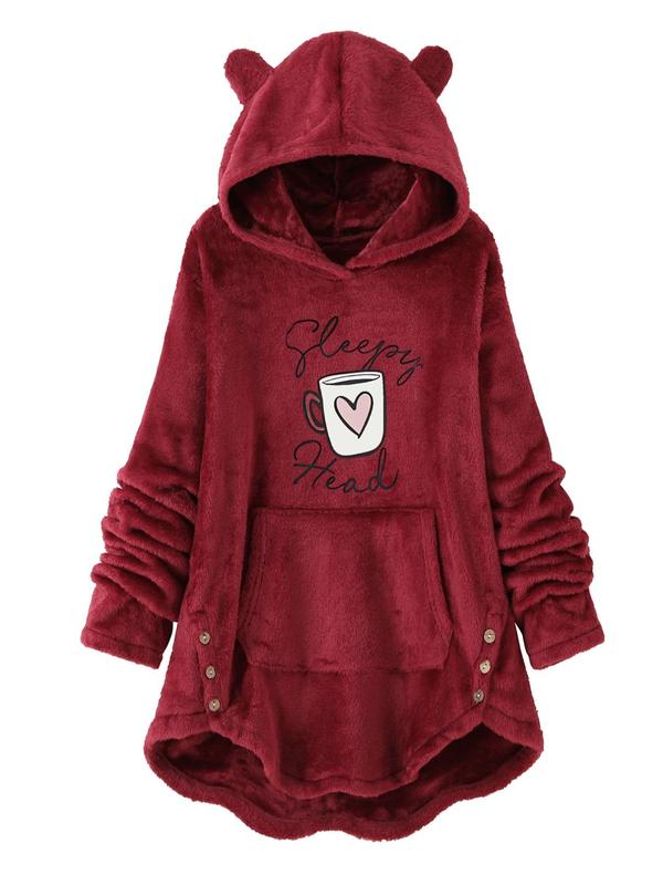 Women's Letter & Coffee Cup Print Button Front Pocket Hooded Fuzzy Sweatshirt, Casual Long Sleeve Hooded Pullover for Fall & Winter, Women's Clothes for Daily Wear