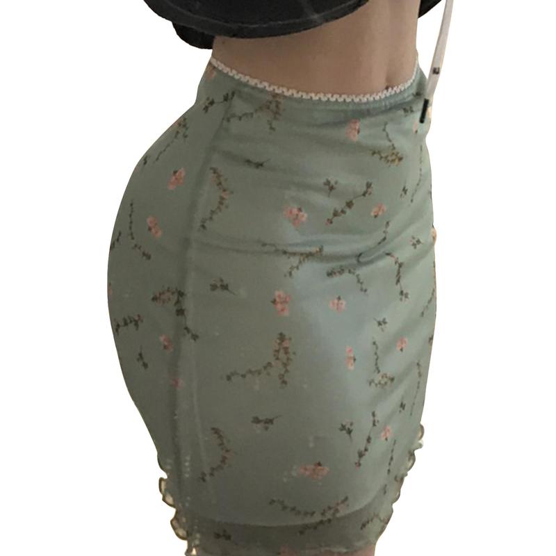 Women Girls Mesh Flower Print Mini Skirt High Waist Double Layer Skirts A-Line Ruffles Skinny Short Skirts Y2K Streetwear Light Green