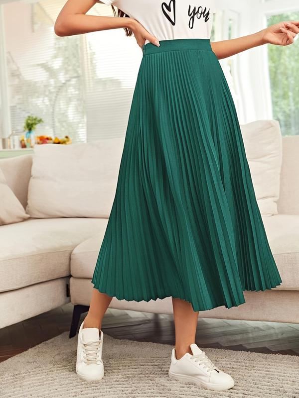 Women's Solid High Waist Pleated Skirt, Elegant Fashion Casual Elastic Waist A Line Skirt for Daily Outdoor Wear, Ladies Bottoms for Summer