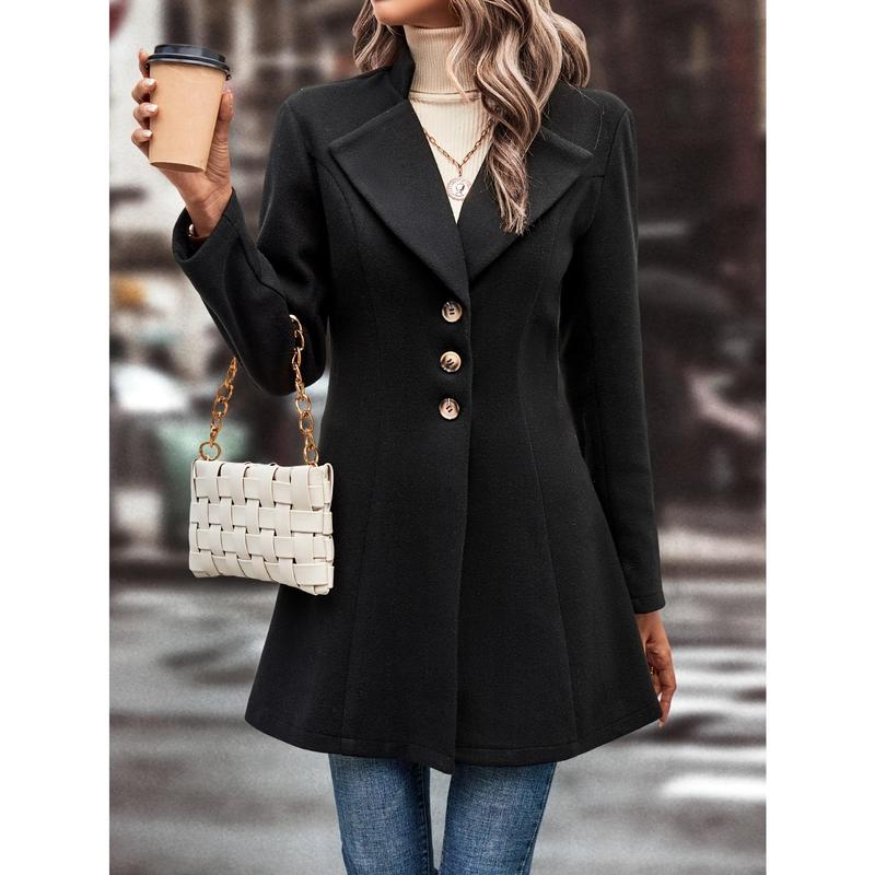 Lapel Neck Button Front Coat, Elegant Slim-Fit Long Sleeve Outerwear For Winter & Fall, Women's Clothing