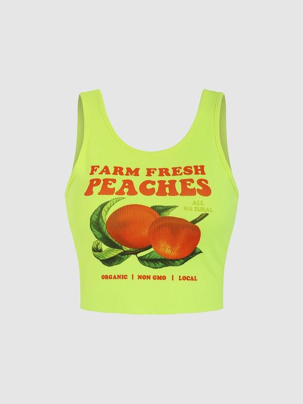 Women's Peach Print Scoop Neck Crop Top, Casual Sleeveless Ribbed Top for Summer, Ladies Clothes for Daily Wear