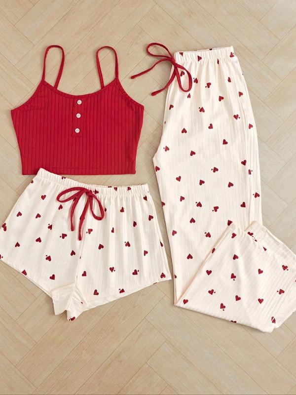 Women's Heart Print Ribbed Pyjama Set, Casual Cami Top & Tie Front Shorts & Pants for Summer, Women's Sleepwear & Loungewear Set for All Seasons