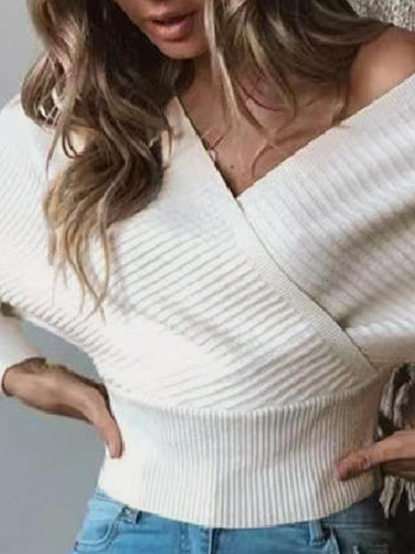 Women's Plain Off Shoulder Ribbed Sweater, Casual Long Sleeve Jumper for Fall & Winter, Fashion Ladies' Knitwear for Daily Wear