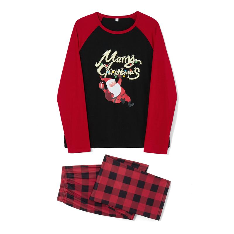 Matching Christmas Pajamas For Family, Long Sleeve Letters Santa Claus Print T-shirt with Plaid Pants Sleepwear Loungewear